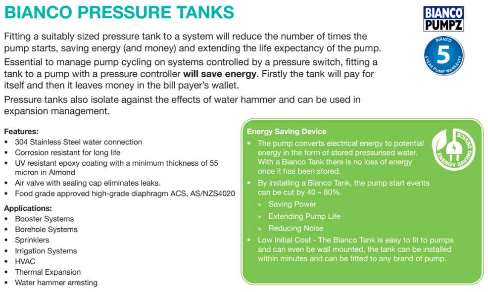 Bianco BPT Stainless Steel Pressure Tanks with Butyl Rubber Diaphragm (3-450 Litre)