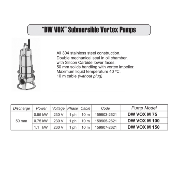 Ebara DW VOX Submersible Drainage Pump with Vortex Impeller Manual (160LPM)