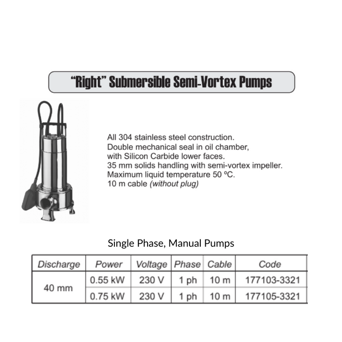 Ebara Right Submersible Drainage Pump with Semi-Vortex Impeller Manual (Max 300LPM)
