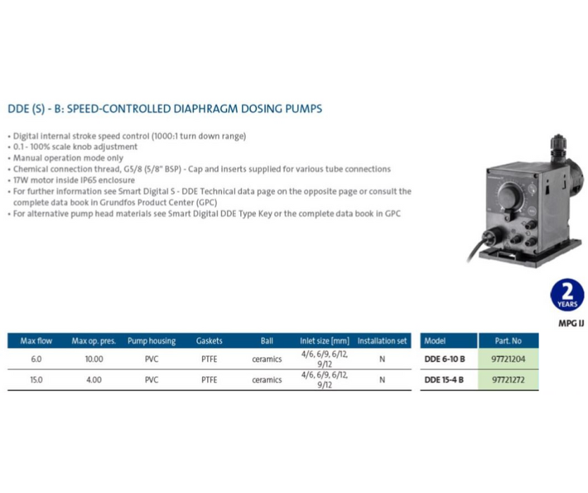 Grundfos DDE 6-10 B Manual Speed Controlled Diaphragm Dosing Pump (Max 6LPH/1000kPa)