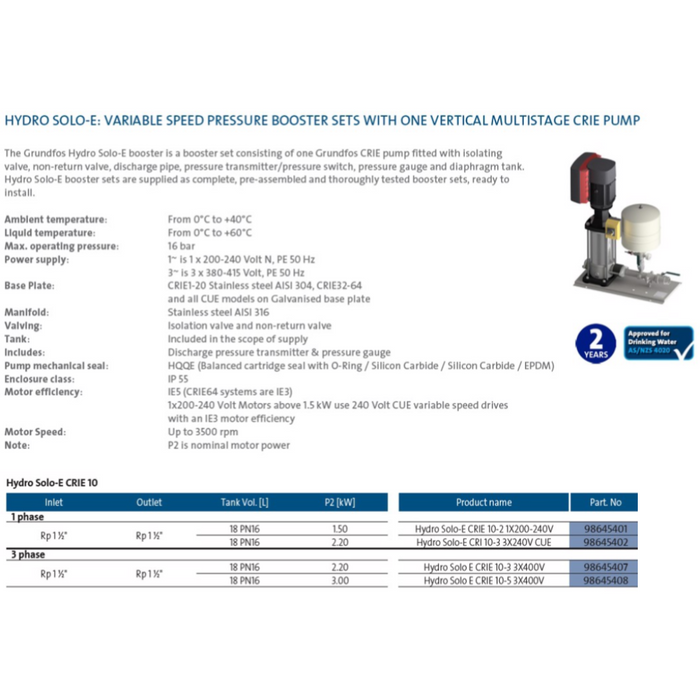 Grundfos Hydro SOLO-E CRIE 10 Variable Speed Pressure Booster Pump Package (Max 260LPM)