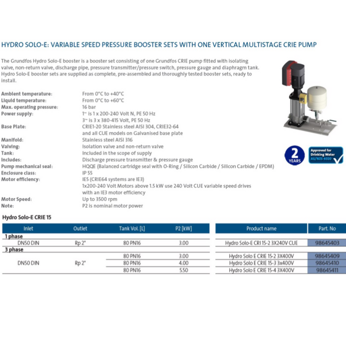 Grundfos Hydro SOLO-E CRIE 15 Variable Speed Pressure Booster Pump Package (Max 460LPM)