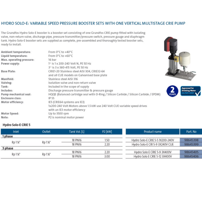Grundfos Hydro SOLO-E CRIE 5 Variable Speed Pressure Booster Pump Package (Max 160LPM)