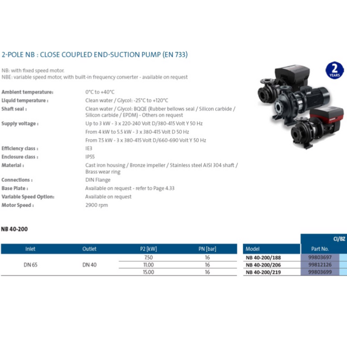 Grundfos NB40-200 Series Close Coupled End Suction Pumps (Max 1100LPM/650kPa)