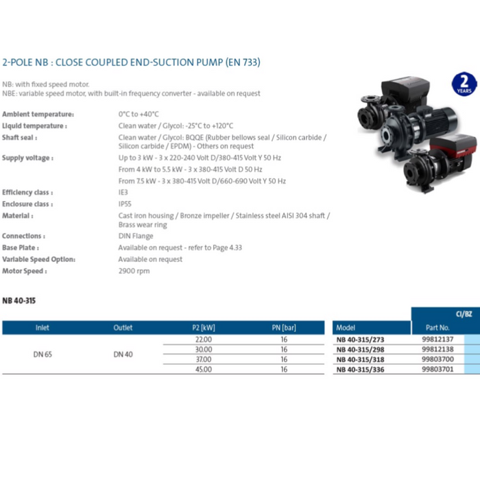 Grundfos NB40-315 Series Close Coupled End Suction Pumps (Max 900LPM/1600kPa)