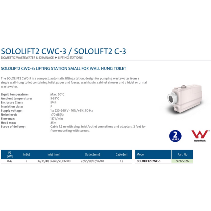 Grundfos Sololift2 CWC-3 0.42kW Wall Hung Automatic Wastewater Lifting Station with 3 Inlets for Toilet, Shower & Basin (Max 137LPM/85kPa)