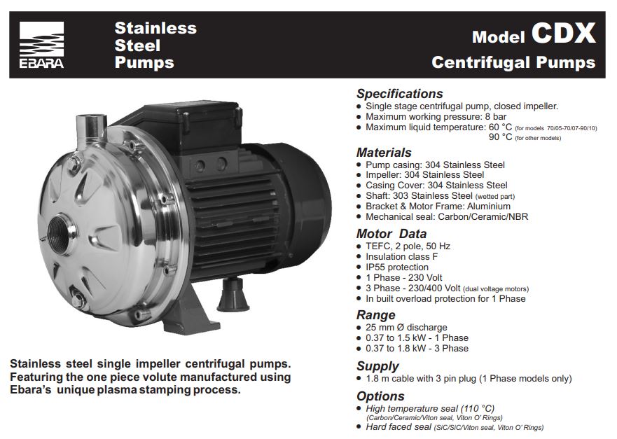 Ebara CDXM 304ss Single Impeller Centrifugal Pumps - Single Phase