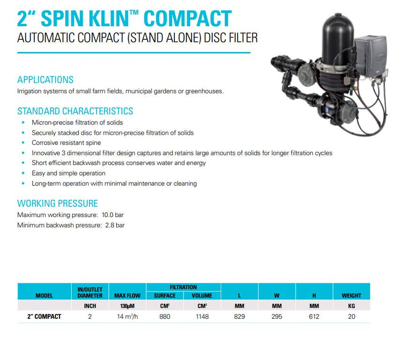 Netafim Spin Klin 50mm Compact Fully Automatic Self-Cleaning Disc Filter with Controller - 880cm² (160-250LPM)