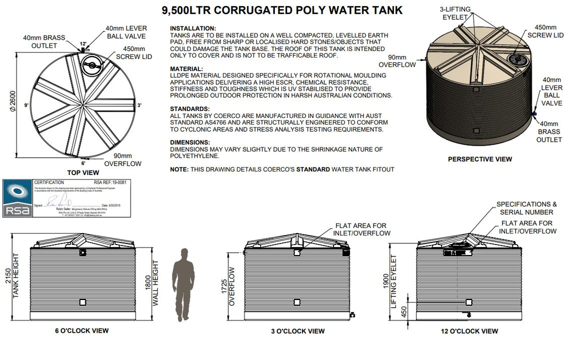 9500LTR Premium Corrugated Round Poly Water Tanks Perth