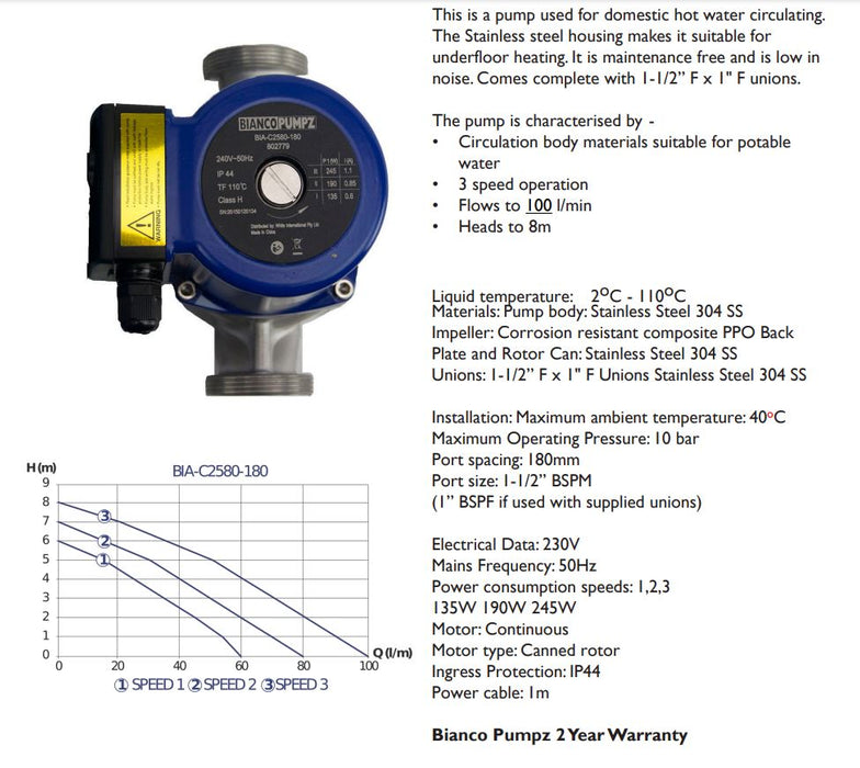 Bianco C2580-180 0.24kW 3 Speed Hot Water Stainless Steel Circulator Pump (Max 130LPM/80kPa)