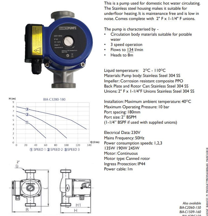 Bianco C3280-180 0.24kW 3 Speed Hot Water Stainless Steel Circulator Pump (Max 130LPM/80kPa)
