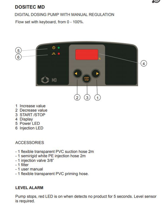 Dositec MD Electromagnetic Diaphragm Injector Pump - Manual Control Product Name: Dositec MD Dosing Pump 2.5L/H 240v, Dositec MD Dosing Pump 6.0L/H 240v, Dositec MD Dosing Pump 9.0L/H 240v