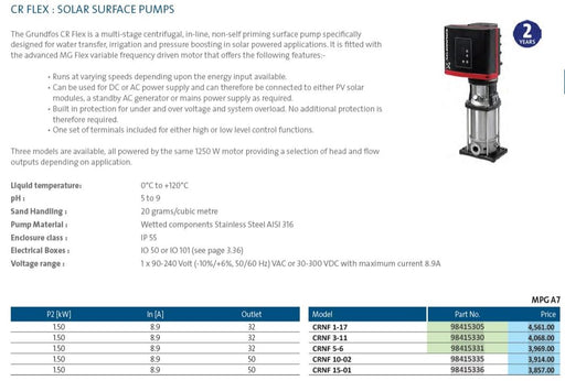 Grundfos CRFLEX Solar Surface Pumps Product Name: CRNF1-17 Flex, CRNF3-11 Flex, CRNF5-6 Flex, CRNF10-02 Flex, CRNF15-01 Flex, PT100 Temp Sensor for CR Pumps