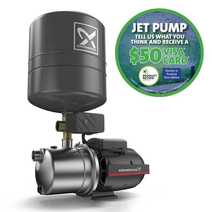 Grundfos JP4-47 PT 0.56kW Self Priming Jet Pump with 20L Pressure Tank & Switch (Max 70LPM/400kPa)