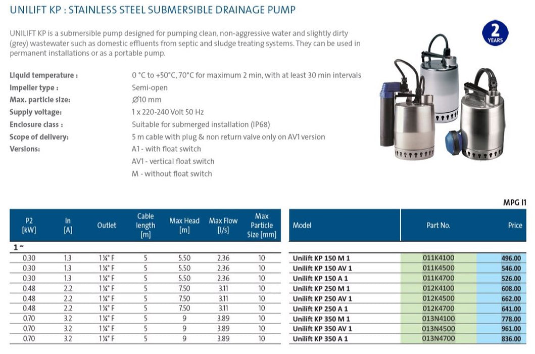 Grundfos Unilift KP250-M1 0.25kW Submersible Drainage Pump Manual (Max 180LPM/75kPa)