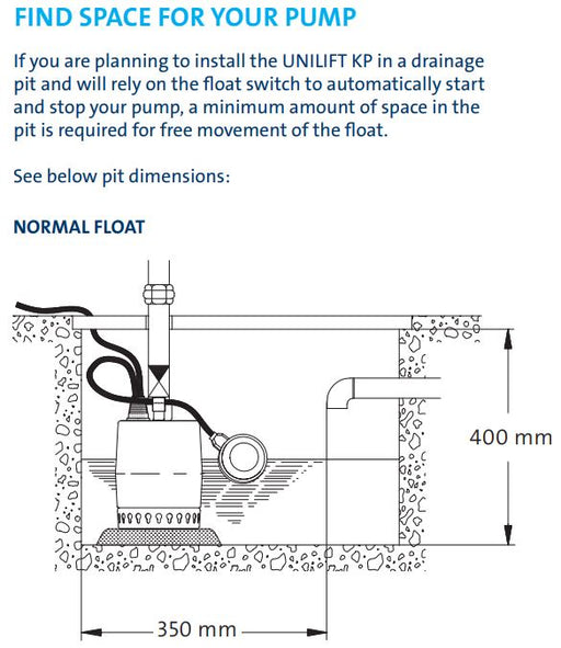 Grundfos Unilift KP Submersible Drainage Pump with Float Switch Product Name: KP150-A1 Unilift Submersible Drainage Pump 0.14kW with Float Switch, KP250-A1 Unilift Submersible Drainage Pump 0.25kW with Float Switch, KP350-A1 Unilift Submersible Drainage Pump 0.35kW with Float Switch
