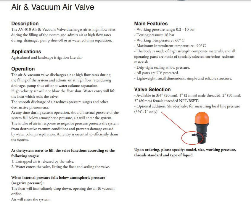 Netafim ARI Kinetic Air Valve/Vacuum Breakers AV10 Product Name: 3/4" ARI Kinetic Air Valve AV-010 BSP, 1" ARI Kinetic Air Valve AV-010 BSP, 2" ARI Kinetic Air Valve AV-010 BSP