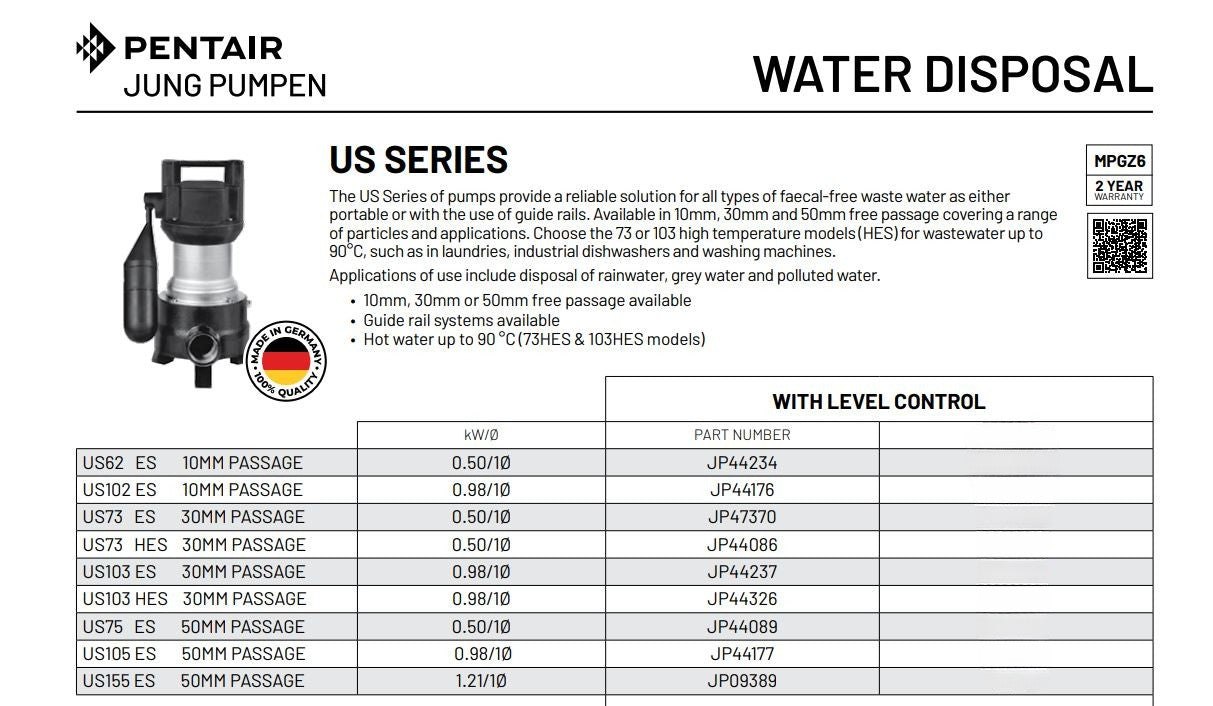 Jung Pumpen US Series Dirty Water Submersible Pumps