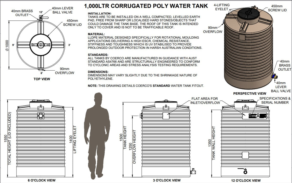 1000LTR Premium Corrugated Round Poly Water Tanks Perth