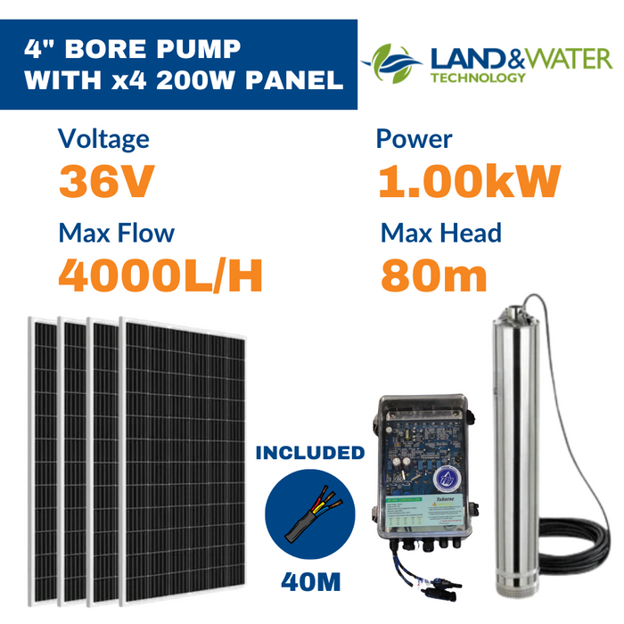 Land & Water 4" 1.00kW Submersible Solar Bore Pump Complete Kit with x4 200W Solar Panels & 40m Cable (Max 67LPM/800kPa)