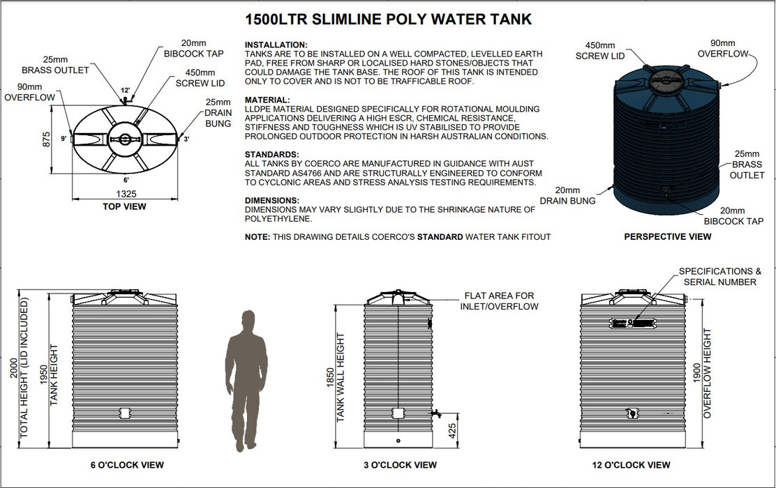 1500LTR Slimline Space-Saving Poly Rainwater Tanks Perth