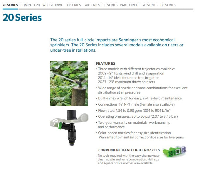 Senninger 20 Series Full Circle 15mm Male Plastic Impact Sprinklers with Single Nozzles