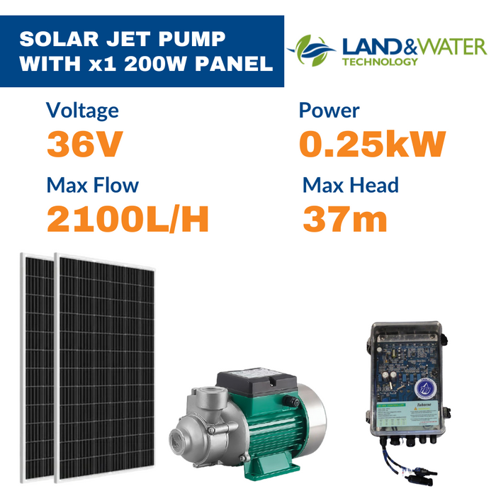 Land & Water 0.25kW Solar Surface Jet Pump Complete Kit with x2 200W Solar Panels & 3m Cable (Max 35LPM/370kPa)