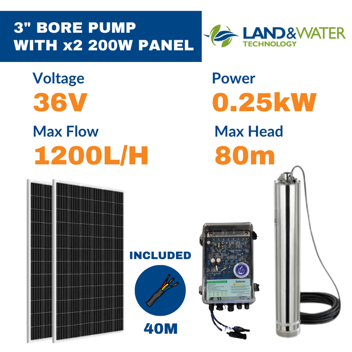 Land & Water 3" 0.25kW Submersible Solar Bore Pump Complete Kit with x2 200W Solar Panels & 40m Cable (Max 20LPM/800kPa)