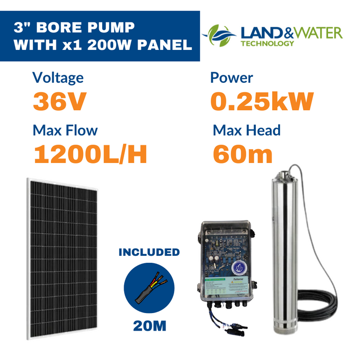 Land & Water 3" 0.25kW Submersible Solar Bore Pump Complete Kit with x1 200W Solar Panels & 20m Cable (Max 20LPM/600kPa)