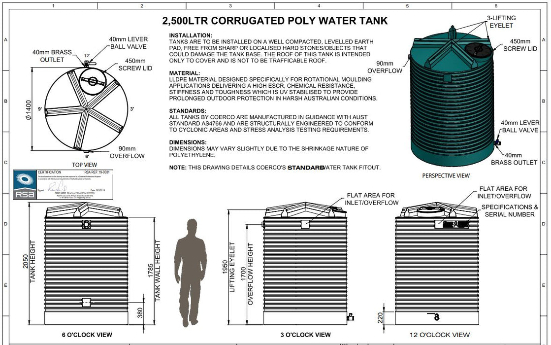 2500LTR Premium Corrugated Round Poly Water Tanks Perth