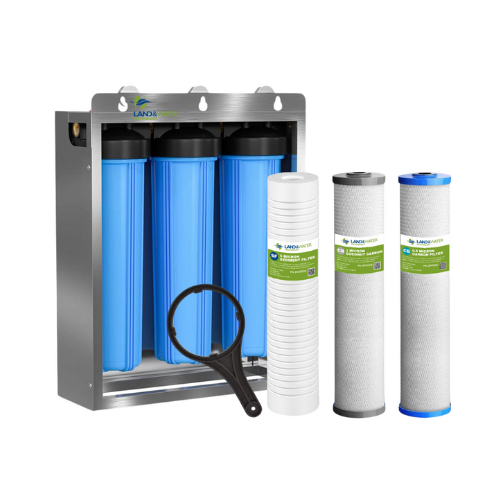 Land & Water 3-Stage Complete Home Water Filtration Premium System 20" x 4.5" with SS Cover, Frame & Standard Cartridge Kit