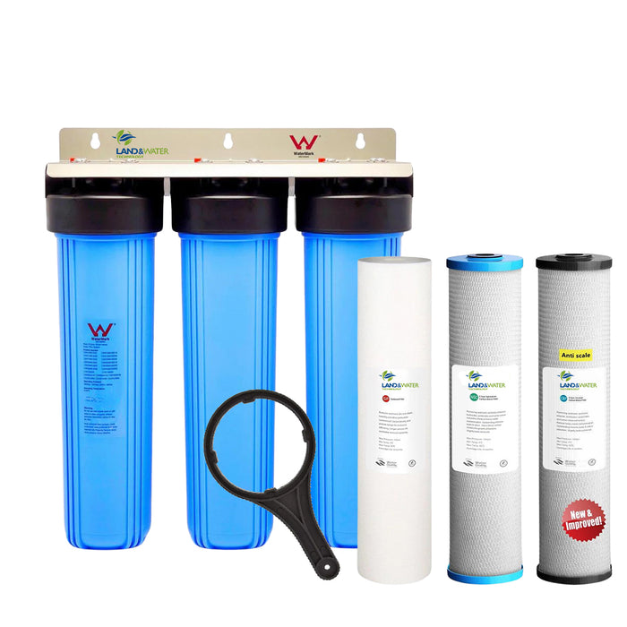 Land & Water 3-Stage Complete Home Water Filtration Budget System 20" x 4.5" with Hard Water (Anti-Scale) Kit
