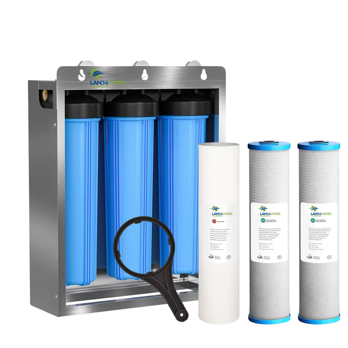 Land & Water 3-Stage Complete Home Water Filtration Premium System 20" x 4.5" with SS Cover, Frame & Standard Cartridge Kit