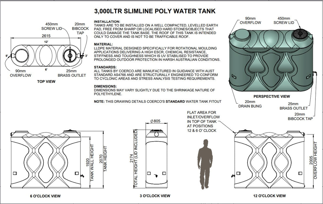 3000LTR Slimline Space-Saving Poly Rainwater Tanks Perth