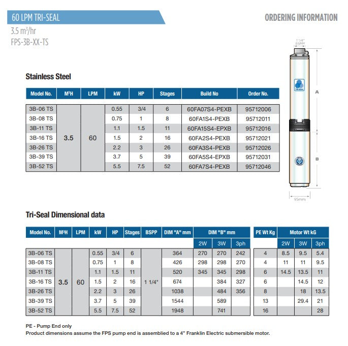 Franklin Electric Tri-Seal FPS4400 3B Series 304ss 4" Submersible Bore Pumps (Max 85LPM)