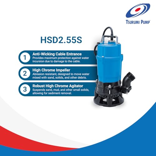 Tsurumi HSD 0.55kW Portable Submersible Slurry Pump with Cast Iron Agitator (Max 216LPM/130kPa)