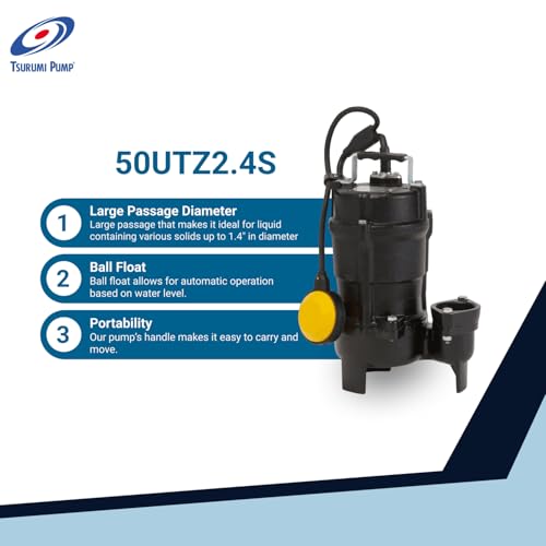 Tsurumi 50UTZ2.4S 0.4kW Compact Submersible Wastewater Pump with Vortex Impeller (Max 270LPM/90kPa)