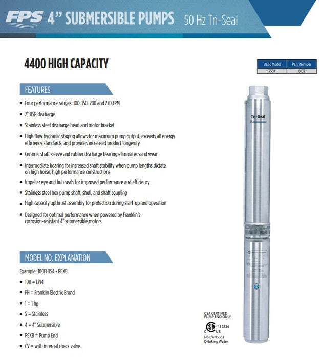 Franklin Electric Tri-Seal FPS4400 6A Series 304ss 4" Submersible Bore Pumps (Max 150LPM)