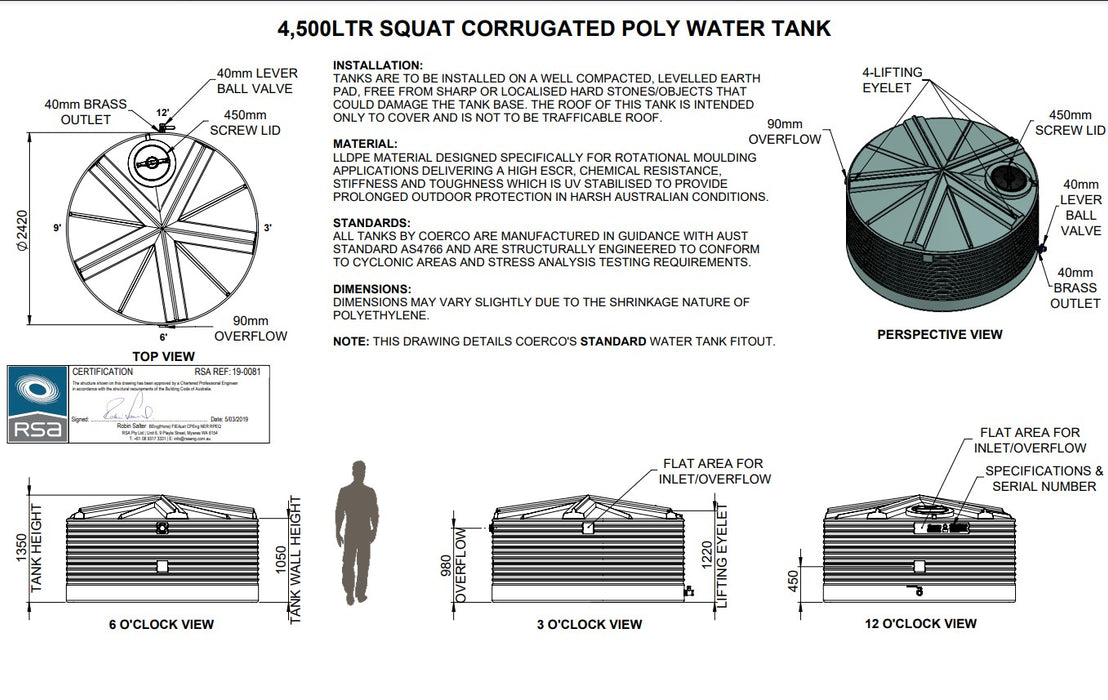 4500LTR Premium Corrugated Squat Round Poly Water Tanks Perth