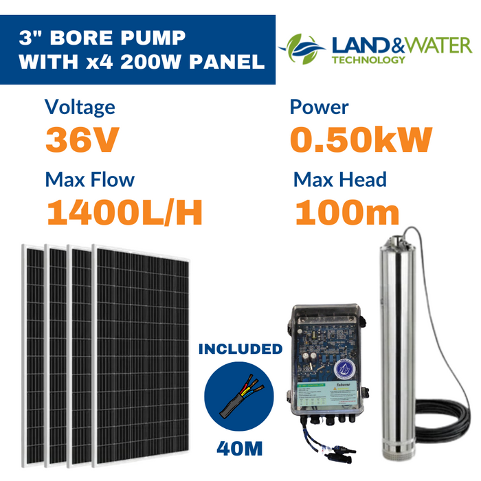 Land & Water 3" 0.50kW Submersible Solar Bore Pump Complete Kit with x4 200W Solar Panels & 40m Cable (Max 23LPM/1000kPa)