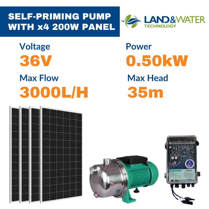 Land & Water 0.50kW Solar Surface Jet Pump with Self-Priming Suction Lift Complete Kit with x4 200W Solar Panels & 1.5m Cable (Max 50LPM/350kPa)