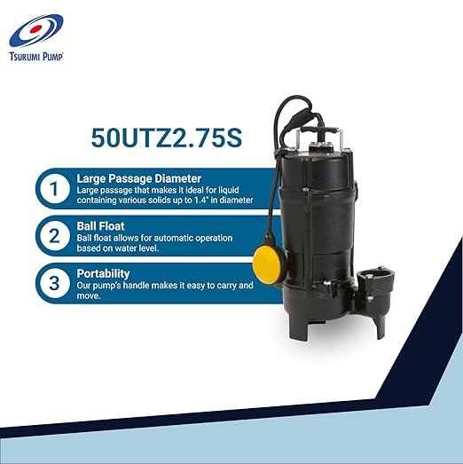 Tsurumi 50UTZ2.75S 0.75kW Compact Submersible Wastewater Pump with Vortex Impeller (Max 438LPM/125kPa)