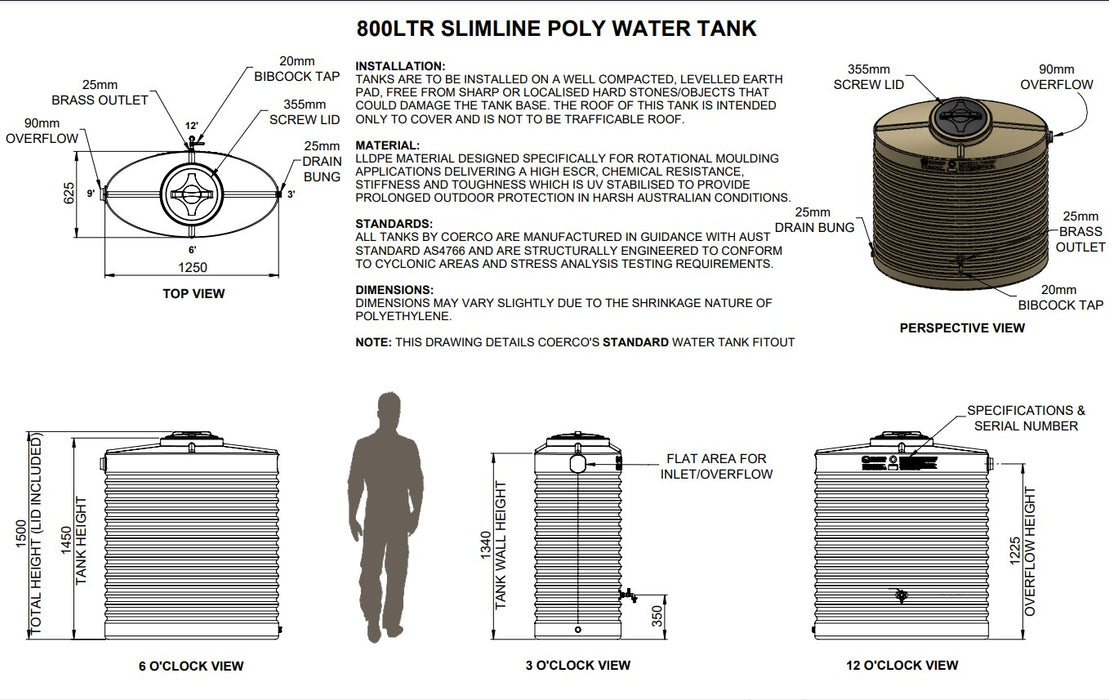 800LTR Slimline Space-Saving Poly Rainwater Tanks Perth