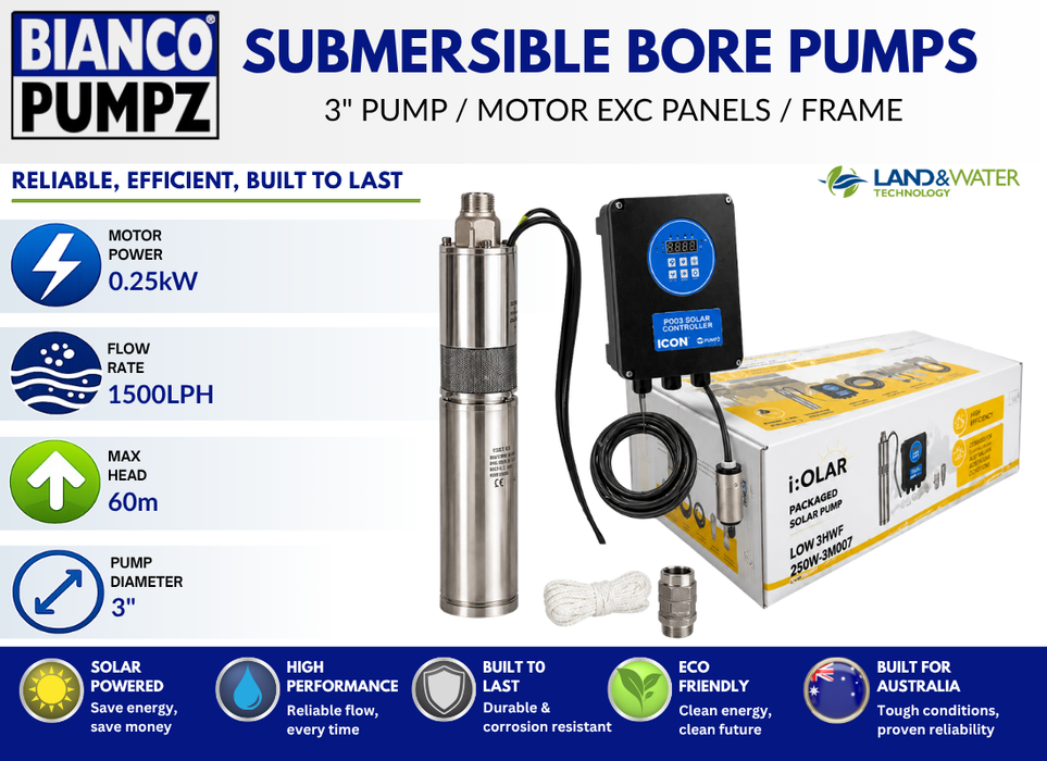 Bianco iSolar 3" 0.25kW Helical Solar Pump Complete Kit (ex Panels) (Max 25LPM/600kPa)