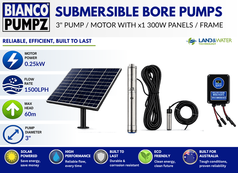 Bianco iSolar 3" 0.25kW Submersible Helical Solar Bore Pump Complete Kit with 1 Panel Array (Max 25LPM/ 600kPa)
