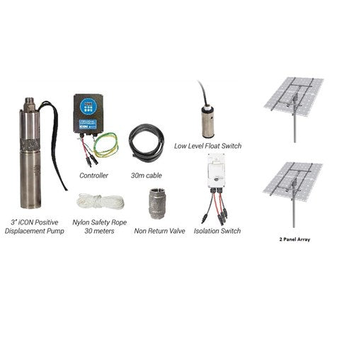 Bianco iSolar 3" 0.37kW Submersible Helical Solar Bore Pump Complete Kit with 2 Panel Array (Max 25LPM/ 800kPa)