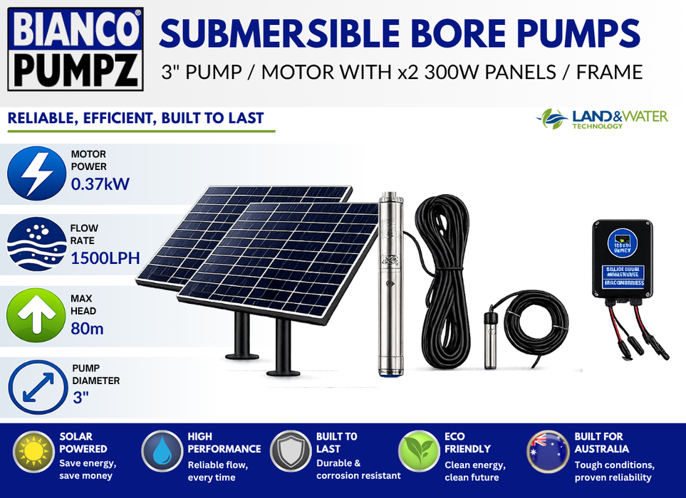 Bianco iSolar 3" 0.37kW Submersible Helical Solar Bore Pump Complete Kit with 2 Panel Array (Max 25LPM/ 800kPa)