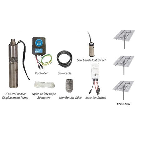 Bianco iSolar 3" 0.70kW Submersible Helical Solar Bore Pump Complete Kit with 3 Panel Array (Max 25LPM/ 1400kPa)