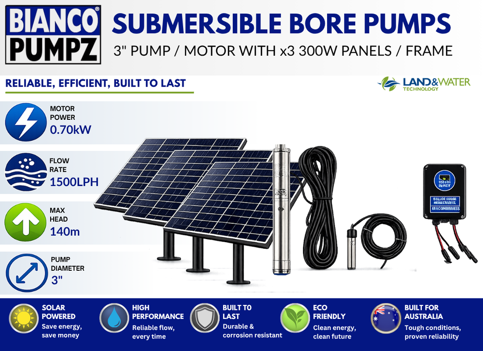 Bianco iSolar 3" 0.70kW Submersible Helical Solar Bore Pump Complete Kit with 3 Panel Array (Max 25LPM/ 1400kPa)
