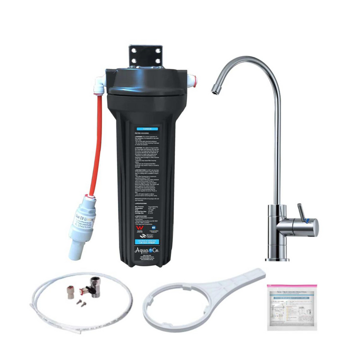 AquaCo SYS-925C Inline Undersink Water Filter System Kit with Faucet & Carbon Cartridge